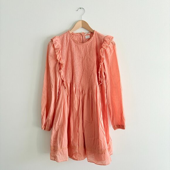 Aritzia Wilfred La Boheme Ruffle Elia Mini Dress Long Sleeve Peach Orange Sz XS - Picture 2 of 8
